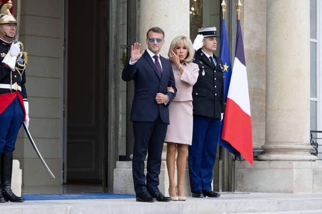Grand Duke Guillaume and Grand Duchess Stephanie of Luxembourg received at Elysee French President Emmanuel Macron with sunglasses and his wife Brigitte Macron waiting arrival of Grand Duke Guillaume of Luxembourg and Grand Duchess Stephanie of Luxembourg before a meeting at Elysee Palace, Paris France on July 1 2026. Photo by Raphael Lafargue ABACAPRESS.COM Paris France  Copyright: xLafarguexRaphael ABACAx