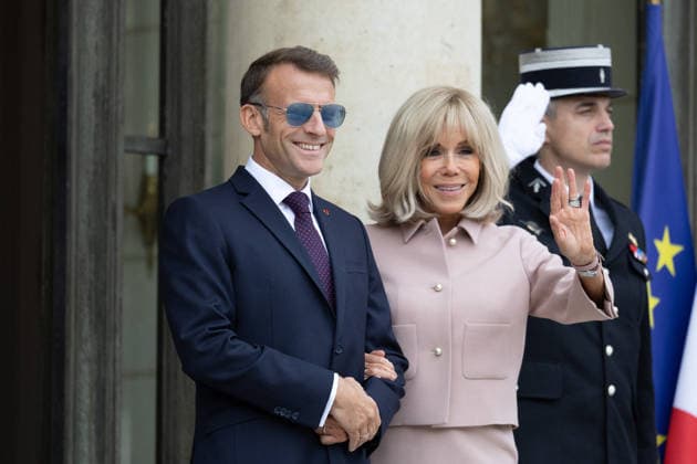 Grand Duke Guillaume and Grand Duchess Stephanie of Luxembourg received at Elysee French President Emmanuel Macron with sunglasses and his wife Brigitte Macron waiting arrival of Grand Duke Guillaume of Luxembourg and Grand Duchess Stephanie of Luxembourg before a meeting at Elysee Palace, Paris France on July 1 2026. Photo by Raphael Lafargue ABACAPRESS.COM Paris France  Copyright: xLafarguexRaphael ABACAx