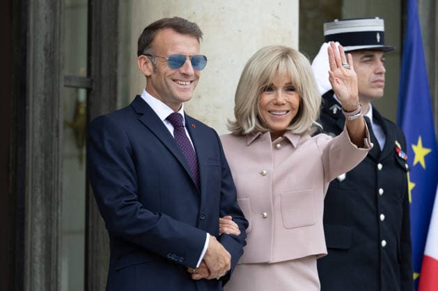 Grand Duke Guillaume and Grand Duchess Stephanie of Luxembourg received at Elysee French President Emmanuel Macron with sunglasses and his wife Brigitte Macron waiting arrival of Grand Duke Guillaume of Luxembourg and Grand Duchess Stephanie of Luxembourg before a meeting at Elysee Palace, Paris France on July 1 2026. Photo by Raphael Lafargue ABACAPRESS.COM Paris France  Copyright: xLafarguexRaphael ABACAx