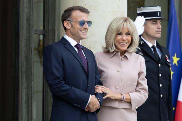 Grand Duke Guillaume and Grand Duchess Stephanie of Luxembourg received at Elysee French President Emmanuel Macron with sunglasses and his wife Brigitte Macron waiting arrival of Grand Duke Guillaume of Luxembourg and Grand Duchess Stephanie of Luxembourg before a meeting at Elysee Palace, Paris France on July 1 2026. Photo by Raphael Lafargue ABACAPRESS.COM Paris France  Copyright: xLafarguexRaphael ABACAx
