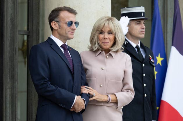 Grand Duke Guillaume and Grand Duchess Stephanie of Luxembourg received at Elysee French President Emmanuel Macron with sunglasses and his wife Brigitte Macron waiting arrival of Grand Duke Guillaume of Luxembourg and Grand Duchess Stephanie of Luxembourg before a meeting at Elysee Palace, Paris France on July 1 2026. Photo by Raphael Lafargue ABACAPRESS.COM Paris France  Copyright: xLafarguexRaphael ABACAx