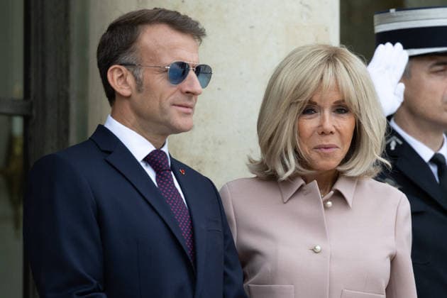 Grand Duke Guillaume and Grand Duchess Stephanie of Luxembourg received at Elysee French President Emmanuel Macron with sunglasses and his wife Brigitte Macron waiting arrival of Grand Duke Guillaume of Luxembourg and Grand Duchess Stephanie of Luxembourg before a meeting at Elysee Palace, Paris France on July 1 2026. Photo by Raphael Lafargue ABACAPRESS.COM Paris France  Copyright: xLafarguexRaphael ABACAx