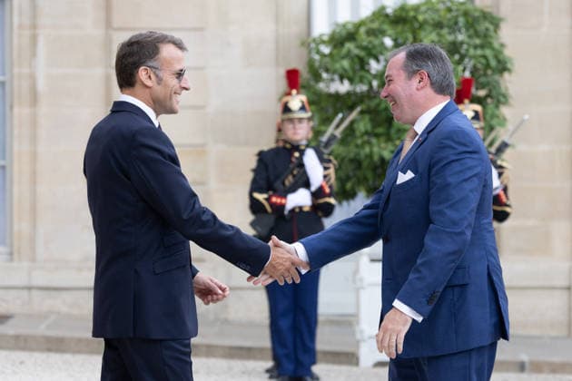 Grand Duke Guillaume and Grand Duchess Stephanie of Luxembourg received at Elysee French President Emmanuel Macron with sunglasses received Grand Duke Guillaume of Luxembourg as arriving before a meeting at Elysee Palace, Paris France on July 1 2026. Photo by Raphael Lafargue ABACAPRESS.COM Paris France  Copyright: xLafarguexRaphael ABACAx