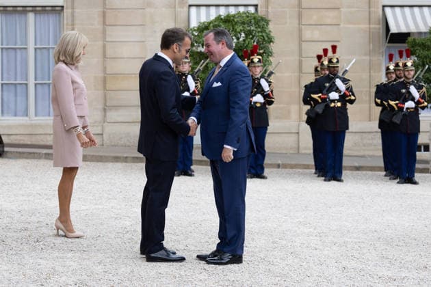 Grand Duke Guillaume and Grand Duchess Stephanie of Luxembourg received at Elysee French President Emmanuel Macron with sunglasses and his wife Brigitte Macron received Grand Duke Guillaume of Luxembourg as arriving before a meeting at Elysee Palace, Paris France on July 1 2026. Photo by Raphael Lafargue ABACAPRESS.COM Paris France  Copyright: xLafarguexRaphael ABACAx