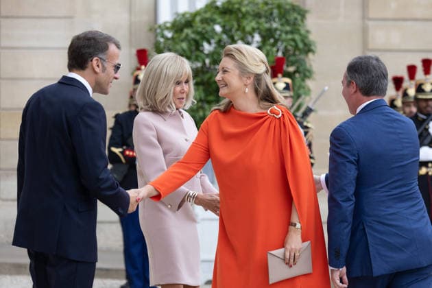 Grand Duke Guillaume and Grand Duchess Stephanie of Luxembourg received at Elysee French President Emmanuel Macron with sunglasses and his wife Brigitte Macron received Grand Duke Guillaume of Luxembourg and Grand Duchess Stephanie of Luxembourg before a meeting at Elysee Palace, Paris France on July 1 2026. Photo by Raphael Lafargue ABACAPRESS.COM Paris France  Copyright: xLafarguexRaphael ABACAx