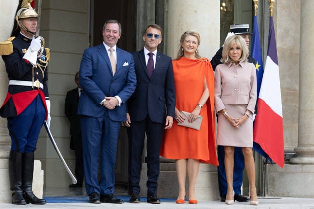 Grand Duke Guillaume and Grand Duchess Stephanie of Luxembourg received at Elysee Grand Duke Guillaume of Luxembourg, French President Emmanuel Macron with sunglasses, Grand Duchess Stephanie of Luxembourg and Brigitte Macron pictured at arrival before a meeting at Elysee Palace, Paris France on July 1 2026. Photo by Raphael Lafargue ABACAPRESS.COM Paris France  Copyright: xLafarguexRaphael ABACAx