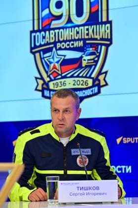 Press conference dedicated to the Day of the State Traffic Safety Inspectorate, celebrated annually on July 3. MMPC Russia Today, Moscow, July 1, 2026. Pictured: Sergey Tishkov, Senior Traffic Inspector of the 2nd Separate Specialized Traffic Police Battalion of the State Traffic Safety Inspectorate of the Main Directorate of the Ministry of Internal Affairs of Russia for Moscow. Photo: Pavel Kashaev. PavelxKashaev