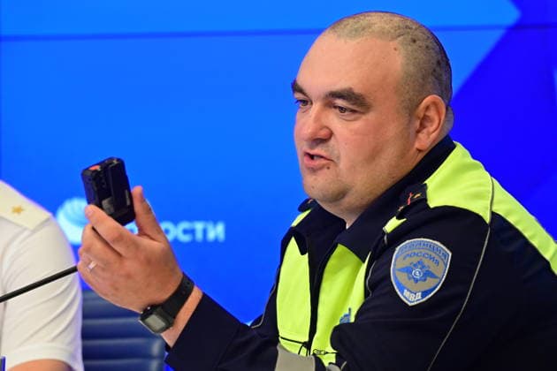 Press conference dedicated to the Day of the State Traffic Safety Inspectorate, celebrated annually on July 3. MMPC Russia Today, Moscow, July 1, 2026. Pictured: Anton Poroshin, Senior Traffic Inspector of the 6th Separate Specialized Traffic Police Battalion of the State Traffic Safety Inspectorate of the Main Directorate of the Ministry of Internal Affairs of Russia for Moscow. Photo: Pavel Kashaev. PavelxKashaev