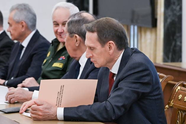 RUSSIA, MOSCOW - JULY 1, 2026: Russian Security Council Secretary Sergei Shoigu, Russia s Defence Minister Andrei Belousov, Russia s Minister of Foreign Affairs Sergei Lavrov and Russian Foreign Intelligence Service head Sergei Naryshkin (L-R) during a meeting of standing members of Russia s Security Council in the Kremlin. Pavel Byrkin Russian Presidential Press and Information Office TASS  94539935