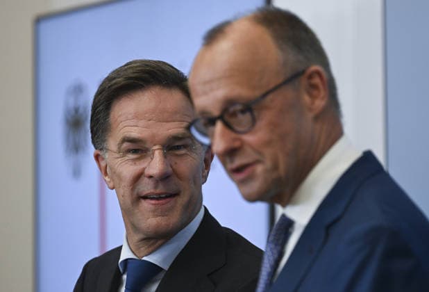 Merz, Rutte and Pistorius hold press conference in Berlin BERLIN, GERMANY - JULY 01: Following the meeting of the German cabinet at the Federal Ministry of Defence, German Chancellor Friedrich Merz (R), NATO Secretary General Mark Rutte (L), and German Defence Minister Boris Pistorius (not seen) hold a press conference in Berlin, Germany on July 01, 2026. Halil Sagirkaya Anadolu Berlin Germany. Editorial use only. Please get in touch for any other usage.  Copyright: x2026xAnadoluxHalilxSagirkayax