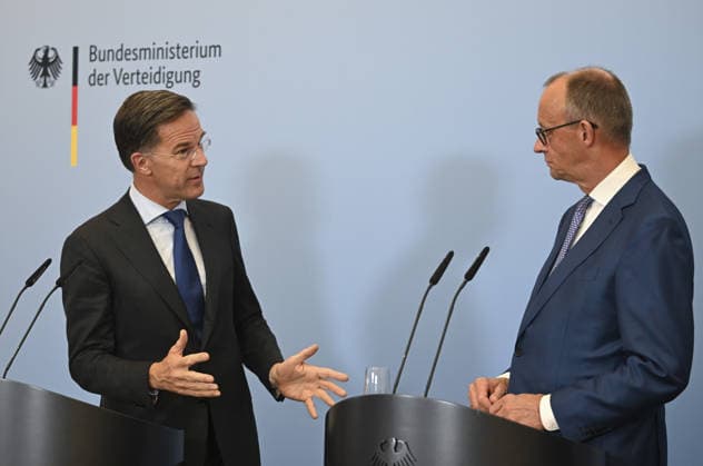 Merz, Rutte and Pistorius hold press conference in Berlin BERLIN, GERMANY - JULY 01: Following the meeting of the German cabinet at the Federal Ministry of Defence, German Chancellor Friedrich Merz (R), NATO Secretary General Mark Rutte (L), and German Defence Minister Boris Pistorius (not seen) hold a press conference in Berlin, Germany on July 01, 2026. Halil Sagirkaya Anadolu Berlin Germany. Editorial use only. Please get in touch for any other usage.  Copyright: x2026xAnadoluxHalilxSagirkayax