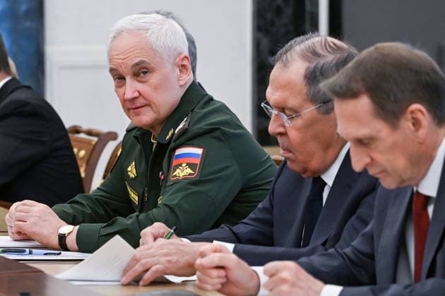 RUSSIA, MOSCOW - JULY 1, 2026: Russia s Defence Minister Andrei Belousov, Russia s Minister of Foreign Affairs Sergei Lavrov and Russian Foreign Intelligence Service head Sergei Naryshkin (L-R) during a meeting of standing members of Russia s Security Council in the Kremlin Moscow Russia  - ZUMAt113 20260701_zaa_t113_194 Copyright: xPavelxByrkinx