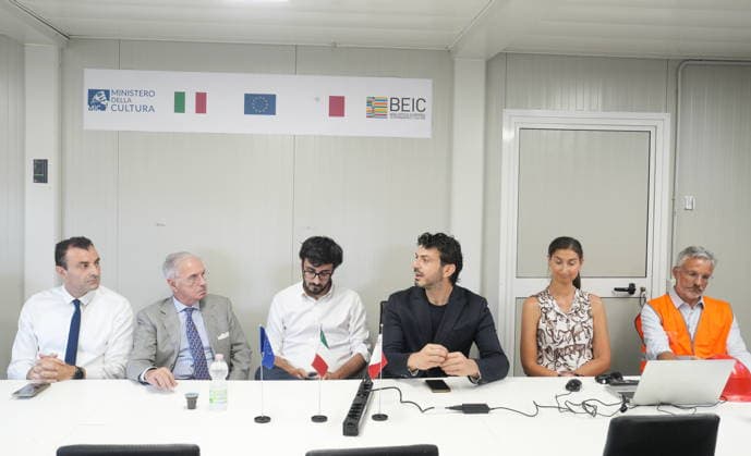 IPA86275003 - Milan, July 1, 2026: Press conference and site visit to assess the progress of construction on the Beic Library (European Library of Information and Culture) with Carmine Pacente, Massimo Maria Molla, Luca Castamagna, Tommaso Sacchi, Marenza Galullo, and Stefano Parisi  Copyright: xDuilioxPiaggesix xDuilioxPiaggesix 86275003