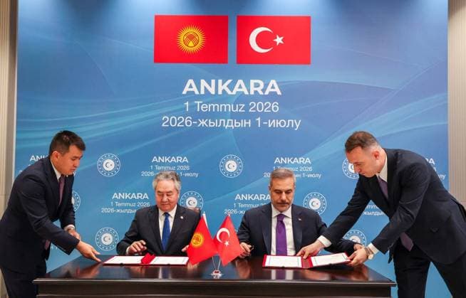 Turkiye and Kyrgyzstan sign the 2027-2028 Cooperation Program ANKARA, TURKIYE - JULY 01: (----EDITORIAL USE ONLY MANDATORY CREDIT - TURKISH FOREIGN MINISTRY HANDOUT - NO MARKETING NO ADVERTISING CAMPAIGNS - DISTRIBUTED AS A SERVICE TO CLIENTS----) Turkish Foreign Minister Hakan Fidan (2nd R) and Kyrgyz Foreign Minister Jeenbek Kulubaev (2nd L) sign the 2027-2028 Cooperation Program between the Ministry of Foreign Affairs of the Republic of Turkiye and the Ministry of Foreign Affairs of the Kyrgyz Republic following the Seventh Meeting of the Turkiye-Kyrgyzstan Joint Strategic Planning Group in Ankara, Turkiye on July 01, 2026. Turkish Foreign Ministry Handout Anadolu Ankara Turkey. Editorial use only. Please get in touch for any o  Copyright: x2026xAnadoluxTurkishxForeignxMinistryx xHandoutx