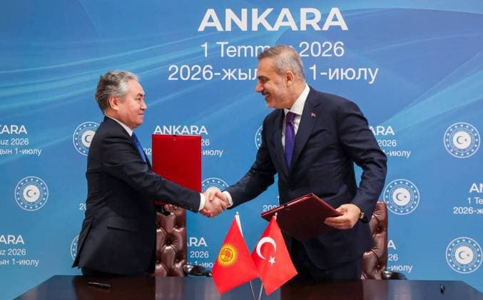 Turkiye and Kyrgyzstan sign the 2027-2028 Cooperation Program ANKARA, TURKIYE - JULY 01: (----EDITORIAL USE ONLY MANDATORY CREDIT - TURKISH FOREIGN MINISTRY HANDOUT - NO MARKETING NO ADVERTISING CAMPAIGNS - DISTRIBUTED AS A SERVICE TO CLIENTS----) Turkish Foreign Minister Hakan Fidan (R) and Kyrgyz Foreign Minister Jeenbek Kulubaev (L) sign the 2027-2028 Cooperation Program between the Ministry of Foreign Affairs of the Republic of Turkiye and the Ministry of Foreign Affairs of the Kyrgyz Republic following the Seventh Meeting of the Turkiye-Kyrgyzstan Joint Strategic Planning Group in Ankara, Turkiye on July 01, 2026. Turkish Foreign Ministry Handout Anadolu Ankara Turkey. Editorial use only. Please get in touch for any other usa  Copyright: x2026xAnadoluxTurkishxForeignxMinistryx xHandoutx