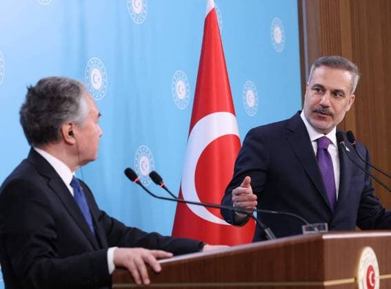 Turkish Foreign Minister Fidan - Kyrgyz Foreign Minister Kulubayev joint press conference in Ankara ANKARA, TURKIYE - JULY 1: (----EDITORIAL USE ONLY MANDATORY CREDIT - TURKISH MINISTRY OF FOREIGN AFFAIRS HANDOUT - NO MARKETING NO ADVERTISING CAMPAIGNS - DISTRIBUTED AS A SERVICE TO CLIENTS----) Turkish Foreign Minister Hakan Fidan and Kyrgyz Foreign Minister Jeenbek Kulubaev attend joint press conference after the Seventh Meeting of the Turkiye-Kyrgyzstan Joint Strategic Planning Group in Ankara, Turkiye on July 1, 2026. Turkish Ministry of Foreign Affairs Anadolu Ankara Turkey. Editorial use only. Please get in touch for any other usage.  Copyright: x2026xAnadoluxTurkishxMinistryxofxForeignxAffairsx