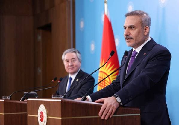 Turkish Foreign Minister Fidan - Kyrgyz Foreign Minister Kulubayev joint press conference in Ankara ANKARA, TURKIYE - JULY 1: (----EDITORIAL USE ONLY MANDATORY CREDIT - TURKISH MINISTRY OF FOREIGN AFFAIRS HANDOUT - NO MARKETING NO ADVERTISING CAMPAIGNS - DISTRIBUTED AS A SERVICE TO CLIENTS----) Turkish Foreign Minister Hakan Fidan and Kyrgyz Foreign Minister Jeenbek Kulubaev attend joint press conference after the Seventh Meeting of the Turkiye-Kyrgyzstan Joint Strategic Planning Group in Ankara, Turkiye on July 1, 2026. Turkish Ministry of Foreign Affairs Anadolu Ankara Turkey. Editorial use only. Please get in touch for any other usage.  Copyright: x2026xAnadoluxTurkishxMinistryxofxForeignxAffairsx
