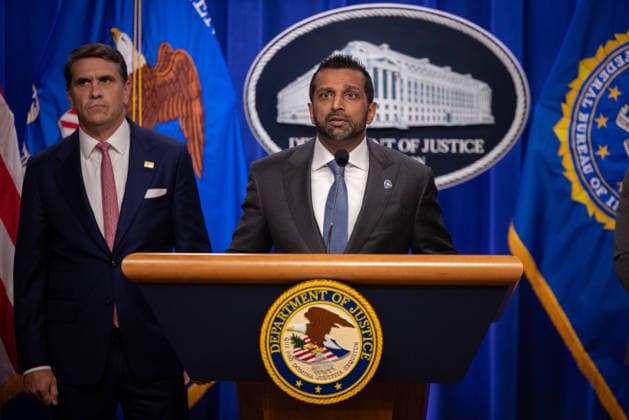 DOJ Tren de Aragua Press Conference WASHINGTON, DC - JULY 1: FBI Director Kash Patel speaks at a press conference announcing Tren de Aragua enforcement efforts at the Department of Justice in Washington, DC on July 1, 2026. Nathan Posner Anadolu Washington United States. Editorial use only. Please get in touch for any other usage.  Copyright: x2026xAnadoluxNathanxPosnerx
