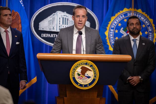 DOJ Tren de Aragua Press Conference WASHINGTON, DC - JULY 1: U.S. Attorney Ryan Raybould for the Northern District of Texas speaks at a press conference announcing Tren de Aragua enforcement efforts at the Department of Justice in Washington, DC on July 1, 2026. Nathan Posner Anadolu Washington United States. Editorial use only. Please get in touch for any other usage.  Copyright: x2026xAnadoluxNathanxPosnerx