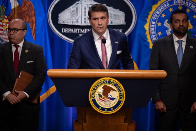 DOJ Tren de Aragua Press Conference WASHINGTON, DC - JULY 1: Acting Attorney General Todd Blanche answers questions at a press conference announcing Tren de Aragua enforcement efforts at the Department of Justice in Washington, DC on July 1, 2026. Nathan Posner Anadolu Washington United States. Editorial use only. Please get in touch for any other usage.  Copyright: x2026xAnadoluxNathanxPosnerx