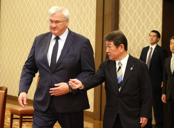 July 1, 2026, Tokyo, Japan - Ukrainian Foreign Minister Andrii Sybiha (L) is greeted by his Japanese counterpart Toshimitsu Motegi (R) for their talks at the Iikura guesthouse in Tokyo on Wednesday, July 1, 2026. Sybiha is on a three-day visit to Japan with the country s economy mission. (photo by Yoshio Tsunoda AFLO)  aflo_336506875