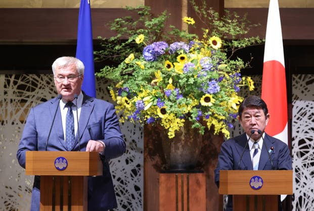 July 1, 2026, Tokyo, Japan - Ukrainian Foreign Minister Andrii Sybiha (L) and his Japanese counterpart Toshimitsu Motegi (R) announce a joint statement after their talks at the Iikura guesthouse in Tokyo on Wednesday, July 1, 2026. Sybiha is on a three-day visit to Japan with the country s economy mission. (photo by Yoshio Tsunoda AFLO)  aflo_336507101