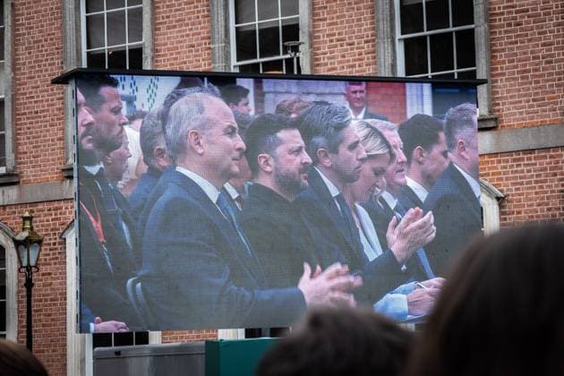 Dublin Hosts the EU Presidency at Dublin Castle DUBLIN, IRELAND JULY 1, 2026: Ukrainian President Volodymyr Zelensky attends the EU Presidency opening ceremony at Dublin Castle in Dublin, Ireland, on July 1, 2026. Ireland hosted the ceremony for the eighth time, with Taoiseach Micheal Martin, Simon Harris, politicians and high-level guests attending discussions on Ireland™s role in guiding negotiations and brokering agreements between EU member states. Dublin Ireland Copyright: x xNadiaxCaimix xJNAxPressx
