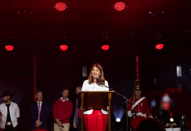 July 1, 2026, Calgary, Ab, CANADA: Alberta Premier Danielle Smith addresses a crowd before a music concert at Spruce Meadows on Canada Day in Calgary on Wednesday, July 1, 2026. Calgary CANADA  - ZUMAc35_ 20260701_zaf_c35_100 Copyright: xToddxKorolx