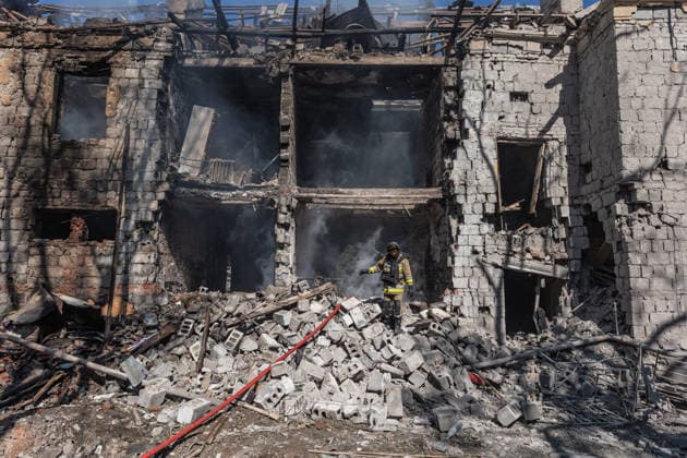 July 1, 2026, Kramatorsk, Ukraine: A firefighter seen during the process of putting out fire in a residential building following a Russian air strike. Russian air strikes on residential areas leave destruction and distress in their wake, as firefighters battle flames and civilians pass damaged buildings in the aftermath of the attack. Kramatorsk Ukraine - ZUMAs197 20260701_aaa_s197_297 Copyright: xDiegoxHerrerax