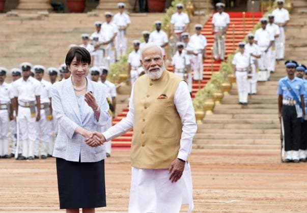Japan-India summit Japanese Prime Minister Sanae Takaichi (L) and Indian Prime Minister Narendra Modi shake hands at a welcome ceremony in New Delhi on July 2, 2026.  A14AA0005621219P
