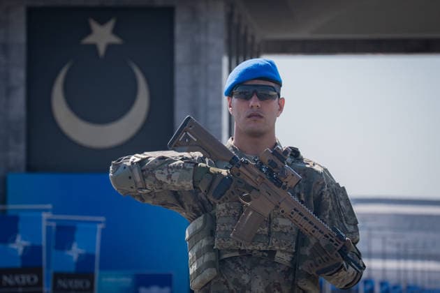 Ay Yildiz Joint Headquarters in Ankara??????? ANKARA, TURKIYE - JULY 2: Soldiers stand guard at Ay Yildiz Joint Headquarters, which brings together the General Staff and the Army, Navy, and Air Force commands under one roof, in Ankara, Turkiye on July 2, 2026. Distinguished by its crescent-and-star-inspired architecture, the complex is one of Turkiye s most significant defense investments. A reception for visiting defense ministers and senior NATO officials is scheduled to be held at the headquarters during the NATO Heads of State and Government Summit in Ankara on July 7-8. Ahmet Serdar Eser Anadolu Ankara Turkey. Editorial use only. Please get in touch for any other usage.  Copyright: x2026xAnadoluxAhmetxSerdarxEserx