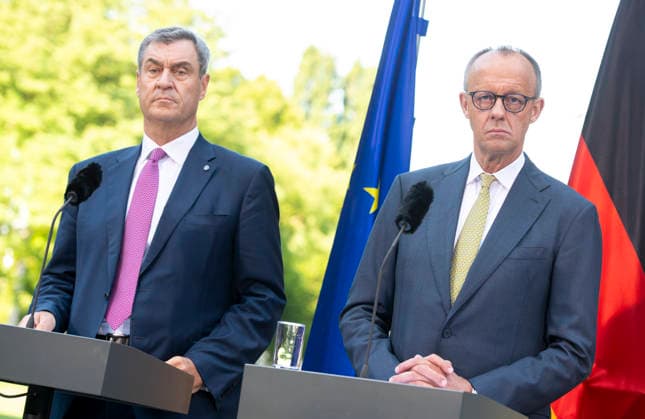 - PK - Koalitionsausschuss EUR, Deutschland, Berlin, 02.07.2026: Bundeskanzler Friedrich Merz (CDU), Bundesfinanzminister Lars Klingbeil (SPD), Bärbel Bas (SPD) Bundesministerin für Arbeit und Soziales und Markus Söder (CSU) Ministerpräsident des Freistaates Bayern. Pressekonferenz zu den Ergebnissen des Koalitionsausschusses. *** Coalition Committee (PK) EUR, Germany, Berlin, July 2, 2026 Federal Chancellor Friedrich Merz (CDU), Federal Minister of Finance Lars Klingbeil (SPD), Bärbel Bas (SPD), Federal Minister of Labor and Social Affairs, and Markus Söder (CSU), Minister-President of the Free State of Bavaria, held a press conference on the results of the coalition committee meeting