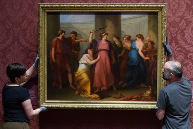 National Gallery Unveils New Acquisitions from Swiss Artists - The National Gallery, London, UK - 2 July 2026 Staff members hold Achilles discovered among the Daughters of Lycomedes (1787-1788) by Angelica Kauffmann as part of three new acquisitions from Swiss artists from The Barrett Collection at The National Gallery in London, England, UK on Thursday 2 July, 2026., Credit:Justin Ng Avalon UK, England, London, The National Gallery  Copyright: xJustinxNgx xAvalonx 1113904380