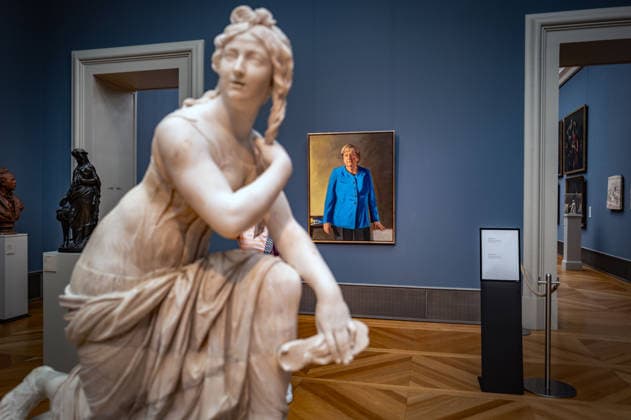 Berlin Mitte, Museumsinsel: Bode-Museum Bodemuseum; offizielles Portrait Gemälde von Bundeskanzlerin aD Angela Merkel vom Künstler JÃ rÃ mie Queyras - 02.07.2026 Berlin Museumsinsel *** Berlin Mitte, Museum Island, Bode Museum, official portrait of former Chancellor Angela Merkel by artist Jérémie Queyras, July 2, 2026, Berlin, Museum Island