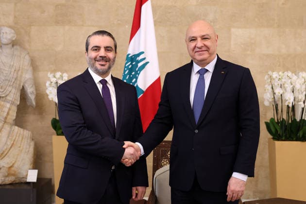 Lebanese President Aoun receives Syrian FM al-Shaibani in Beirut BEIRUT, LEBANON - JULY 02: (----EDITORIAL USE ONLY - MANDATORY CREDIT - LEBANESE PRESIDENCY HANDOUT - NO MARKETING NO ADVERTISING CAMPAIGNS - DISTRIBUTED AS A SERVICE TO CLIENTS----) Lebanese President Joseph Aoun (R) receives Syrian Foreign Minister Asaad Hassan al-Shaibani (L) at Baabda Palace in Beirut, Lebanon on July 02, 2026. Lebanese Presidency Handout Anadolu Beirut Lebanon. Editorial use only. Please get in touch for any other usage.  Copyright: x2026xAnadoluxLebanesexPresidencyx xHandoutx