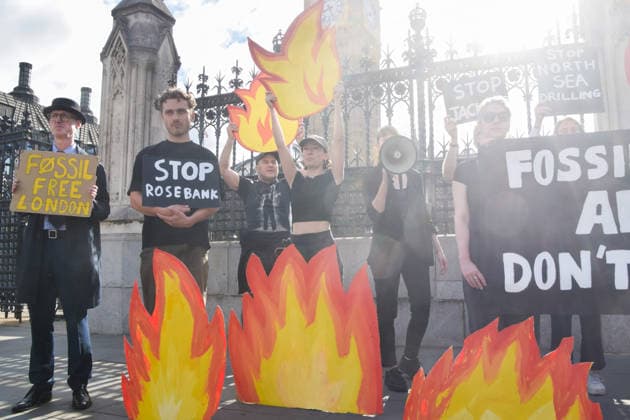 July 2, 2026, London, England, United Kingdom: Activists from Fossil Free London stage a protest outside the parliament calling on Andy Burnham, who is expected to become the next UK Prime Minister, not to open the North Sea to oil and gas projects like Jackdaw and Rosebank. London United Kingdom - ZUMAv130 20260702_zip_v130_019 Copyright: xVukxValcicx