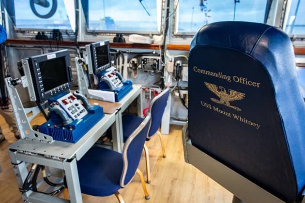 The U.S. Navy command ship USS Mount Whitney pictured in the harbor of Zeebrugge, on Thursday 02 July 2026.  KURTxDESPLENTER 180162824