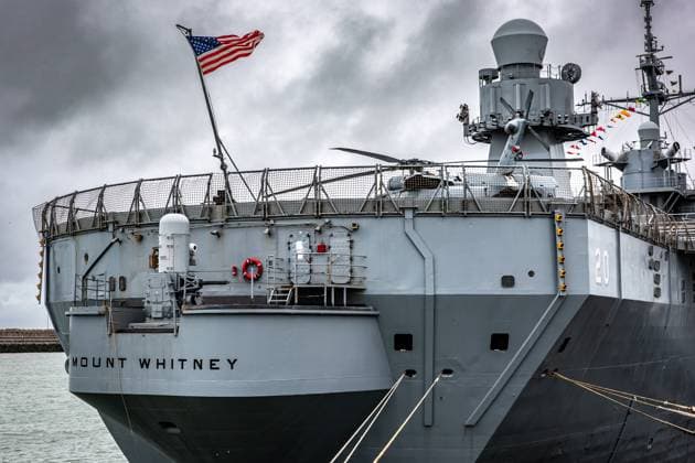The U.S. Navy command ship USS Mount Whitney pictured in the harbor of Zeebrugge, on Thursday 02 July 2026.  KURTxDESPLENTER 180162949