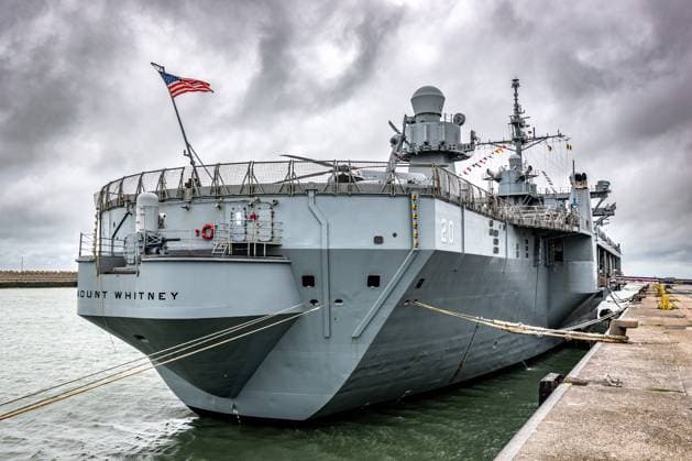 The U.S. Navy command ship USS Mount Whitney pictured in the harbor of Zeebrugge, on Thursday 02 July 2026.  KURTxDESPLENTER 180162954