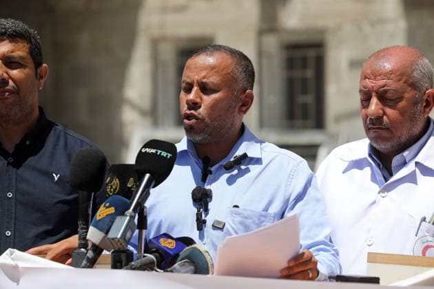 Government Officials Hold Press Conference on Gaza Humanitarian Crisis Representatives of government ministries and public sector institutions attend a press conference organized by the Government Media Office at the courtyard of al-Shifa Hospital in Gaza City on July 2, 2026, to discuss the humanitarian situation in the Gaza Strip as 1,000 days have passed since the start of the war. Photo by Bilal Osama apaimages Gaza city Gaza Strip Palestinian Territory 020726_Gaza_BO_00(11) Copyright: xapaimagesxBilalxOsamax xapaimagesx