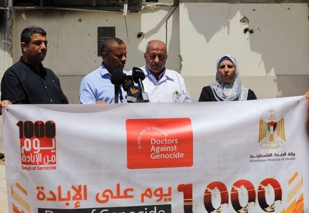 Government Officials Hold Press Conference on Gaza Humanitarian Crisis Representatives of government ministries and public sector institutions attend a press conference organized by the Government Media Office at the courtyard of al-Shifa Hospital in Gaza City on July 2, 2026, to discuss the humanitarian situation in the Gaza Strip as 1,000 days have passed since the start of the war. Photo by Bilal Osama apaimages Gaza city Gaza Strip Palestinian Territory 020726_Gaza_BO_00(6) Copyright: xapaimagesxBilalxOsamax xapaimagesx