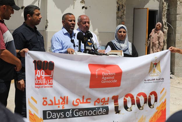 Government Officials Hold Press Conference on Gaza Humanitarian Crisis Representatives of government ministries and public sector institutions attend a press conference organized by the Government Media Office at the courtyard of al-Shifa Hospital in Gaza City on July 2, 2026, to discuss the humanitarian situation in the Gaza Strip as 1,000 days have passed since the start of the war. Photo by Bilal Osama apaimages Gaza city Gaza Strip Palestinian Territory 020726_Gaza_BO_00(9) Copyright: xapaimagesxBilalxOsamax xapaimagesx
