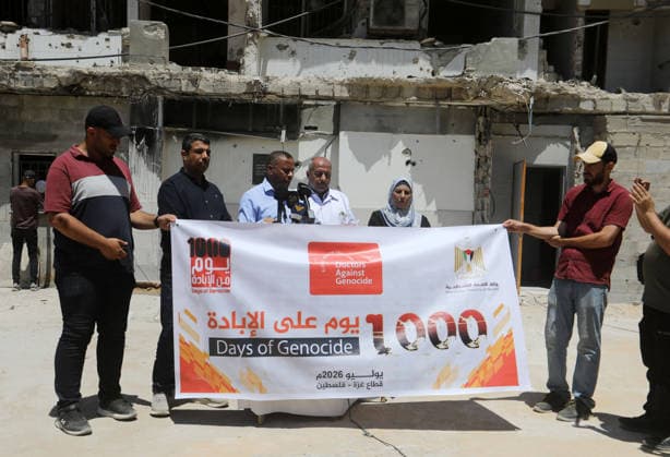 Government Officials Hold Press Conference on Gaza Humanitarian Crisis Representatives of government ministries and public sector institutions attend a press conference organized by the Government Media Office at the courtyard of al-Shifa Hospital in Gaza City on July 2, 2026, to discuss the humanitarian situation in the Gaza Strip as 1,000 days have passed since the start of the war. Photo by Bilal Osama apaimages Gaza city Gaza Strip Palestinian Territory 020726_Gaza_BO_00(3) Copyright: xapaimagesxBilalxOsamax xapaimagesx