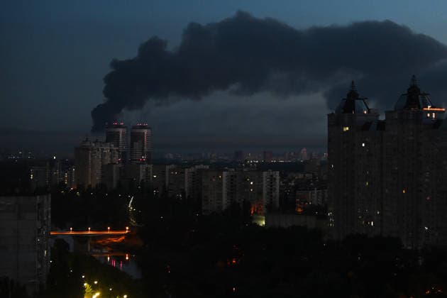 RECORD DATE NOT STATED Black smoke rises over the city following a massive combined Russian attack in Kyiv, Ukraine, on July 2, 2026. Russian forces launched a large-scale attack using strike drones and multiple types of missiles. At least 13 people were killed and 56 were injured in the attack. Private homes, apartment buildings, an emergency medical substation, and a hotel building were damaged (Photo by Yevhen Kotenko Ukrinform) Kyiv shrouded in smoke after Russian massive attack  Copyright: xYevhenxKotenkox