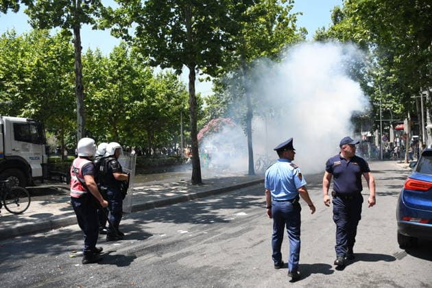Protest over Zvernec Tourism Project held outside Albanian Parliament TIRANA, ALBANIA - JULY 2: Demonstrators protesting a planned tourism development project in the Zvernec area of Vlora gather outside the Albanian Parliament in Tirana on July 2, 2026, as protests that have continued for more than a month entered a new phase. Scuffles broke out between police and protesters during the demonstration. Protesters threw eggs and flour at police officers, members of parliament and parliamentary vehicles. Olsi Shehu Anadolu Tirana Albania. Editorial use only. Please get in touch for any other usage.  Copyright: x2026xAnadoluxOlsixShehux