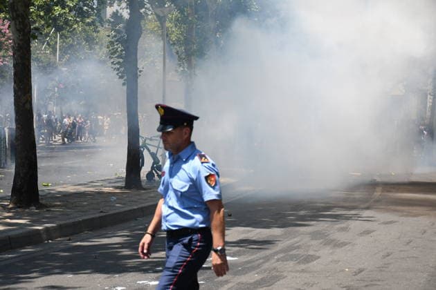 Protest over Zvernec Tourism Project held outside Albanian Parliament TIRANA, ALBANIA - JULY 2: Demonstrators protesting a planned tourism development project in the Zvernec area of Vlora gather outside the Albanian Parliament in Tirana on July 2, 2026, as protests that have continued for more than a month entered a new phase. Scuffles broke out between police and protesters during the demonstration. Protesters threw eggs and flour at police officers, members of parliament and parliamentary vehicles. Olsi Shehu Anadolu Tirana Albania. Editorial use only. Please get in touch for any other usage.  Copyright: x2026xAnadoluxOlsixShehux