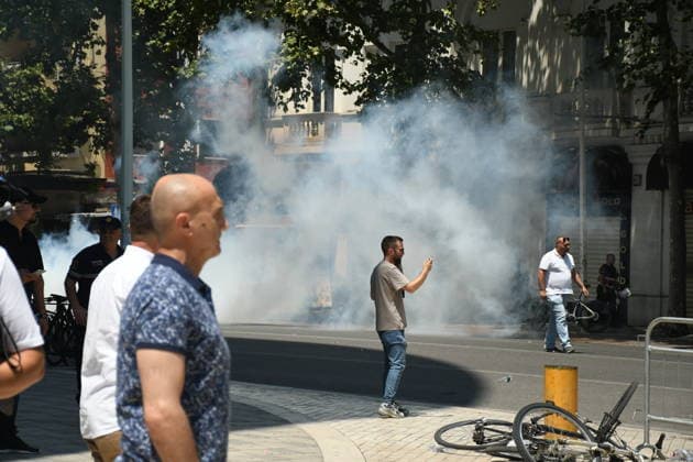 Protest over Zvernec Tourism Project held outside Albanian Parliament TIRANA, ALBANIA - JULY 2: Demonstrators protesting a planned tourism development project in the Zvernec area of Vlora gather outside the Albanian Parliament in Tirana on July 2, 2026, as protests that have continued for more than a month entered a new phase. Scuffles broke out between police and protesters during the demonstration. Protesters threw eggs and flour at police officers, members of parliament and parliamentary vehicles. Olsi Shehu Anadolu Tirana Albania. Editorial use only. Please get in touch for any other usage.  Copyright: x2026xAnadoluxOlsixShehux