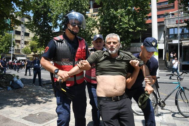 Protest over Zvernec Tourism Project held outside Albanian Parliament TIRANA, ALBANIA - JULY 2: Demonstrators protesting a planned tourism development project in the Zvernec area of Vlora gather outside the Albanian Parliament in Tirana on July 2, 2026, as protests that have continued for more than a month entered a new phase. Scuffles broke out between police and protesters during the demonstration. Protesters threw eggs and flour at police officers, members of parliament and parliamentary vehicles. Olsi Shehu Anadolu Tirana Albania. Editorial use only. Please get in touch for any other usage.  Copyright: x2026xAnadoluxOlsixShehux