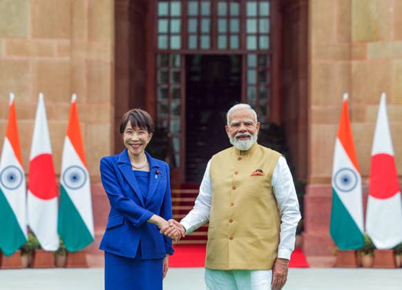 PM Modi & Japanese PM Sanae Takaichi at Hyderabad House in New Delhi New Delhi, Jul 02 (ANI): Prime Minister Narendra Modi and Japan™s Prime Minister Sanae Takaichi exchange a handshake ahead of bilateral talks at Hyderabad House, in New Delhi on Thursday. (DPR PMO ANI Photo) NEW DELHI Delhi India Copyright: xANIx ANI_20260702096