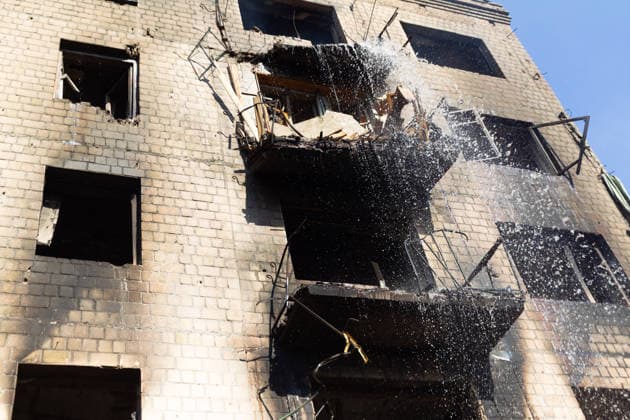 RECORD DATE NOT STATED The aftermath of a massive Russian missile and drone attack on a five-storey residential building is seen in Kyiv, Ukraine, on July 2, 2026. Russian forces launched a large-scale attack on the city using strike drones and various types of missiles. At least 13 people were killed and 56 others were injured in the attack. Private homes, apartment buildings, an emergency medical substation, and a hotel building were damaged (Photo by Kyrylo Chubotin Ukrinform) Russian strike damages five-storey residential building in Kyiv  Copyright: xKyryloxChubotinx
